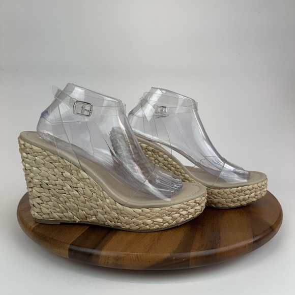 Womens BP Nordstrom Ginny Clear Beige Strappy Espadrille Wedge Sandals Size 10 M - Picture 1 of 11